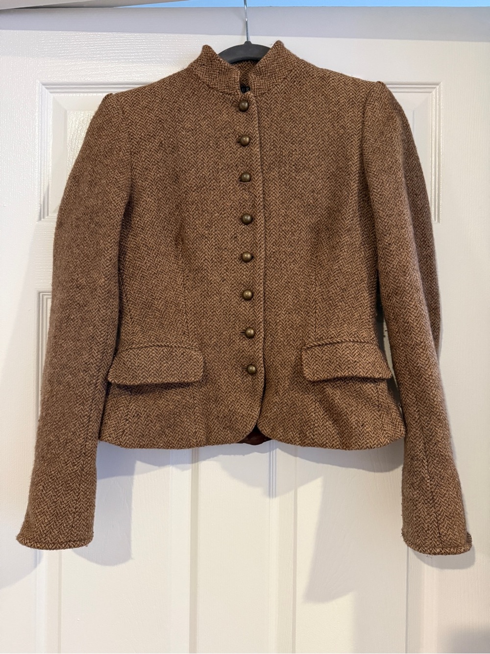 Ralph Lauren Brown Herringbone Buttoned Stand-Collar Blazer
